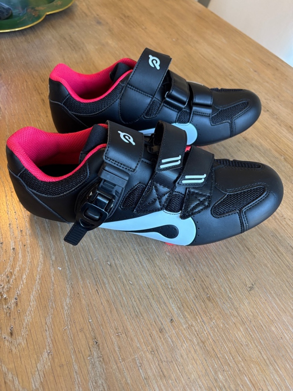 Peloton Black Cycling Shoes with Pink Lining and Light Blue Accent